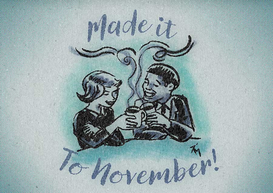 illustration of two people drinking coffee and celebrating making it to November.