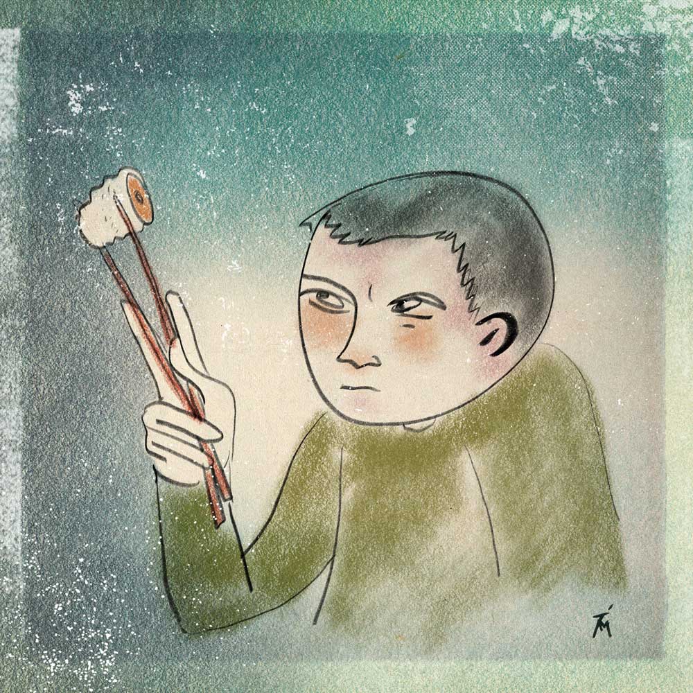 drawing of a man looking at piece of sushi.