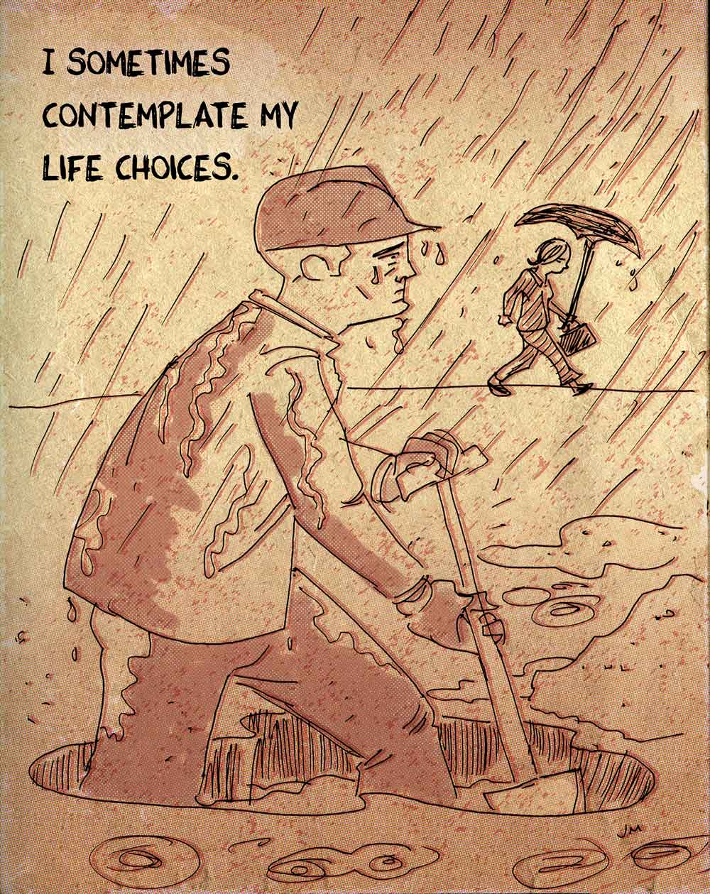 illustration of man diging a trench in the rain.
