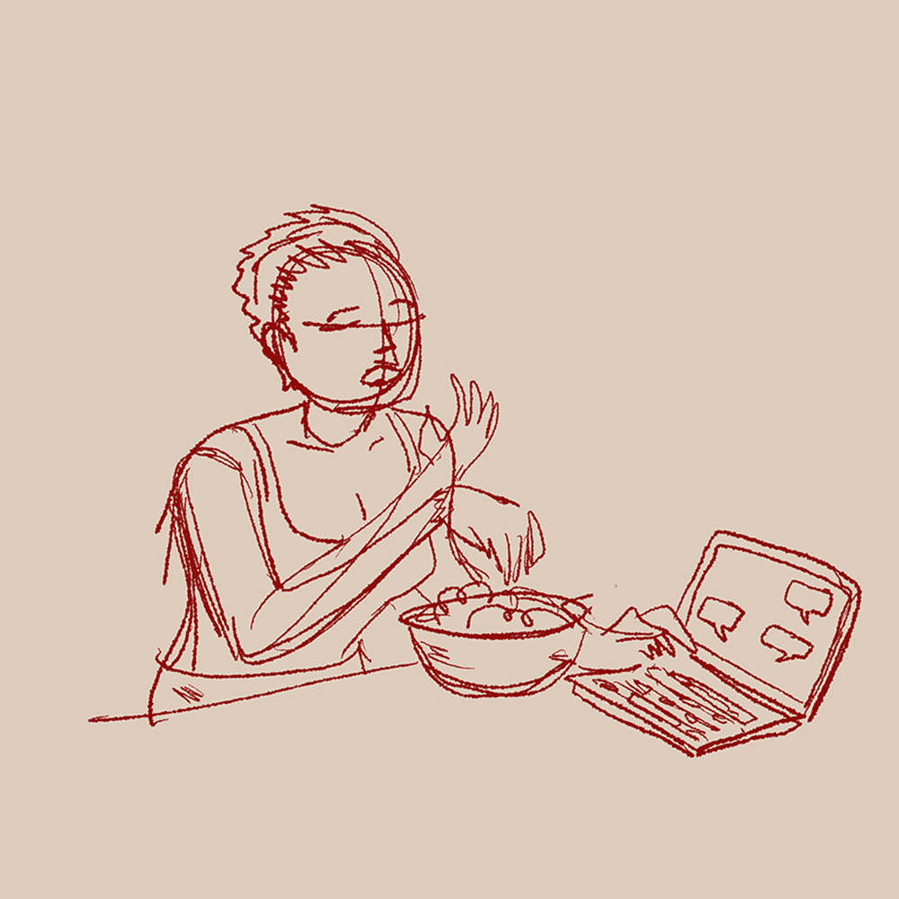 pencil sketch of woman eating popcorn and texting.