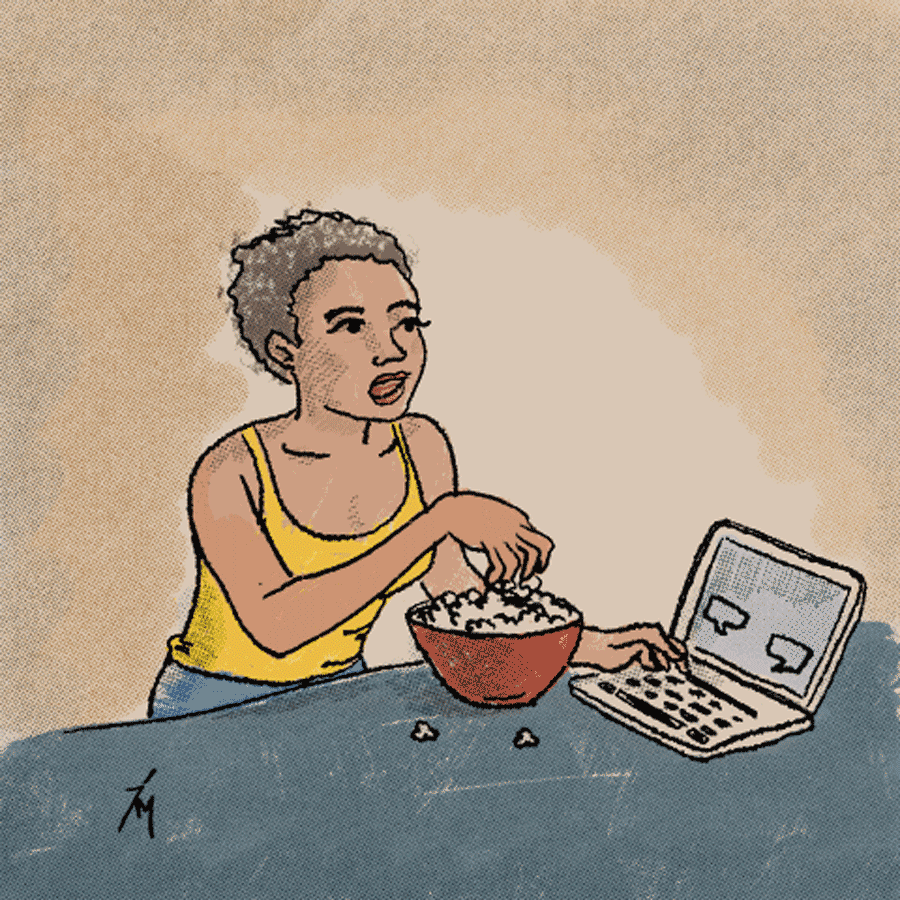 animation of woman eating popcorn and texting.