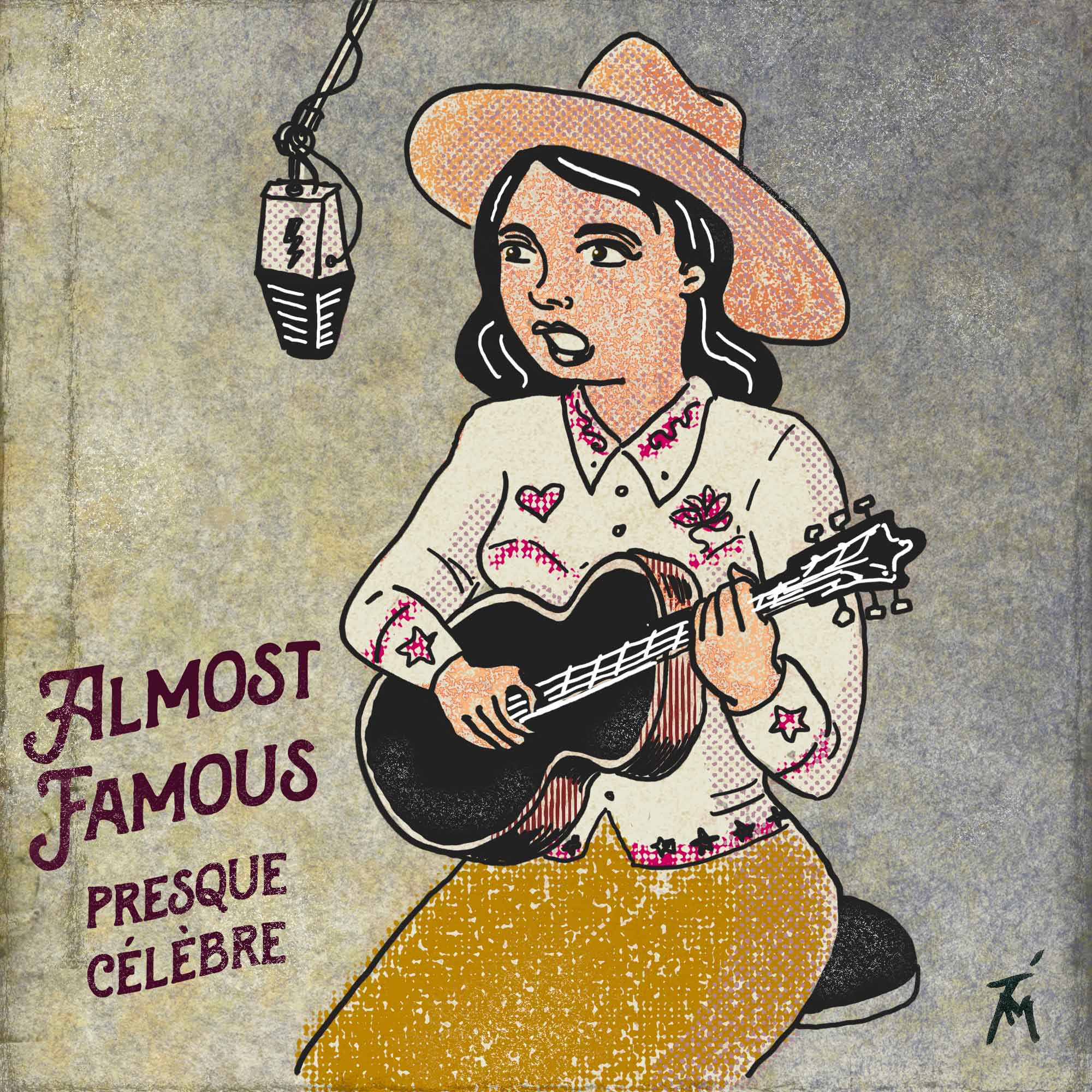 drawing of woman playing country music.