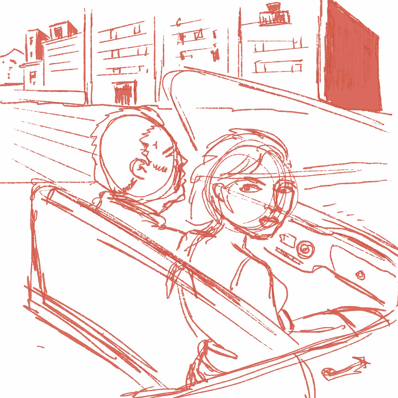 sketch of woman and man in car.