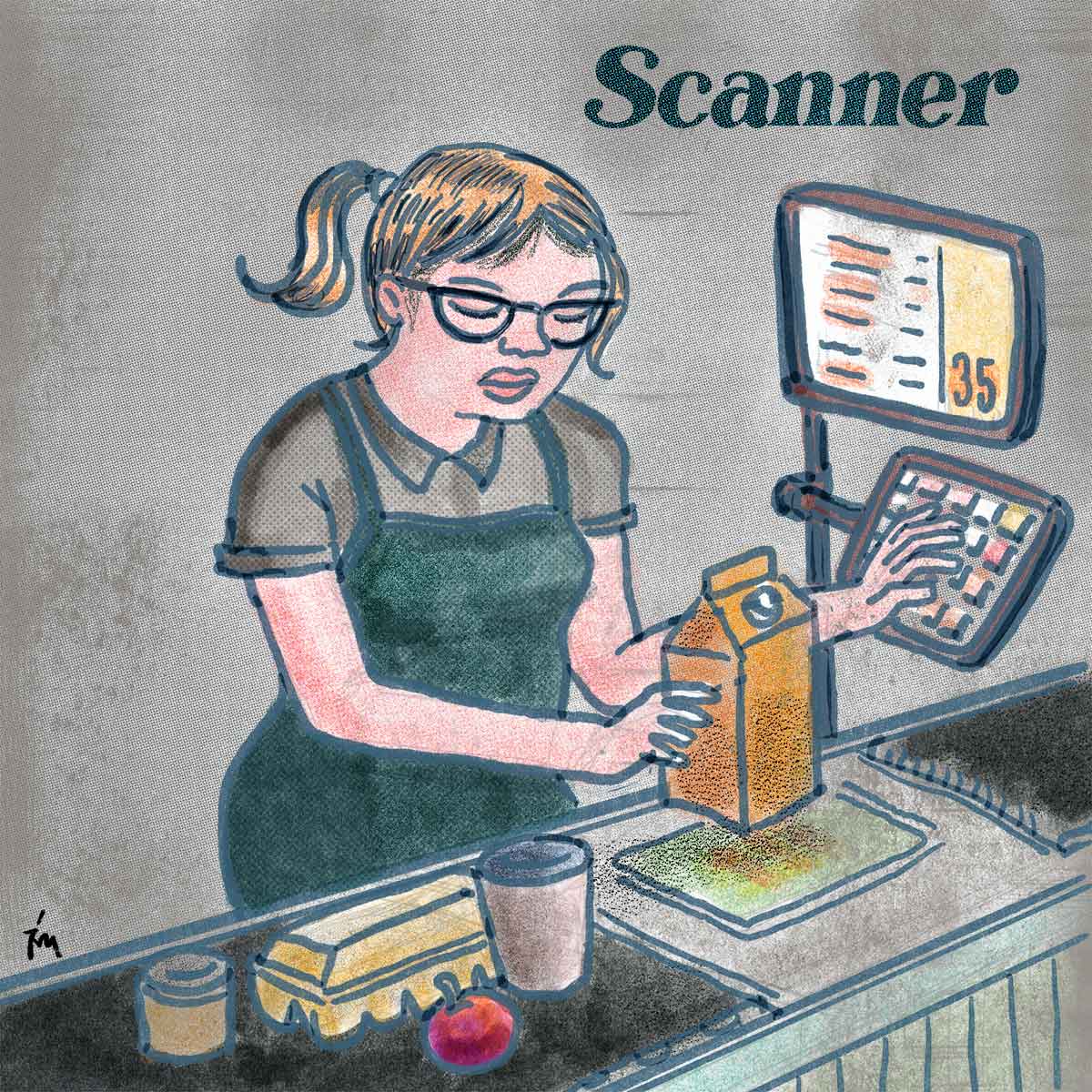 illustration of woman scanning groceries.