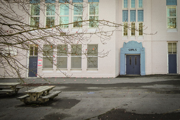 Photo of a schoolyard door.
