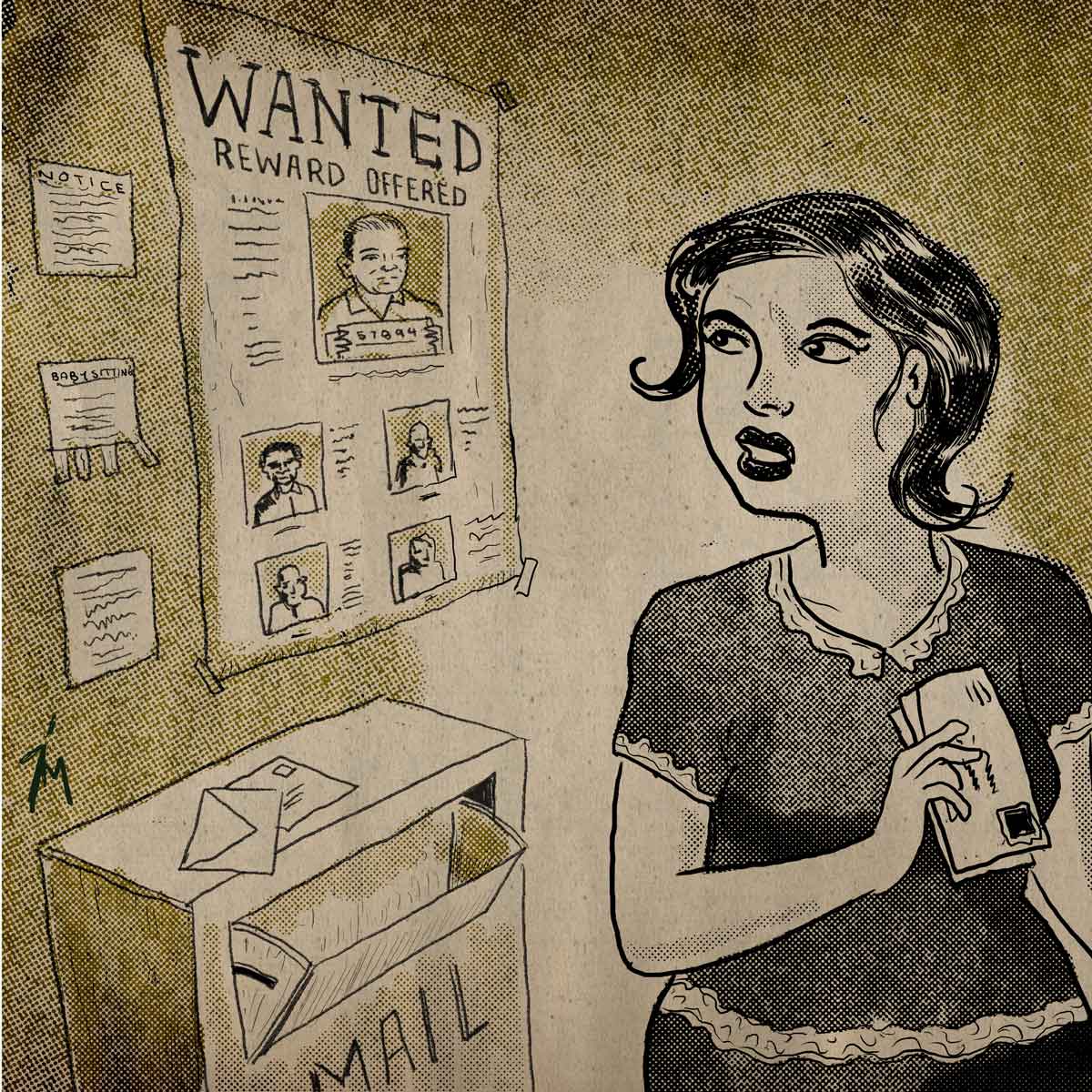 Illustration of woman recognizing man on Wanted poster.