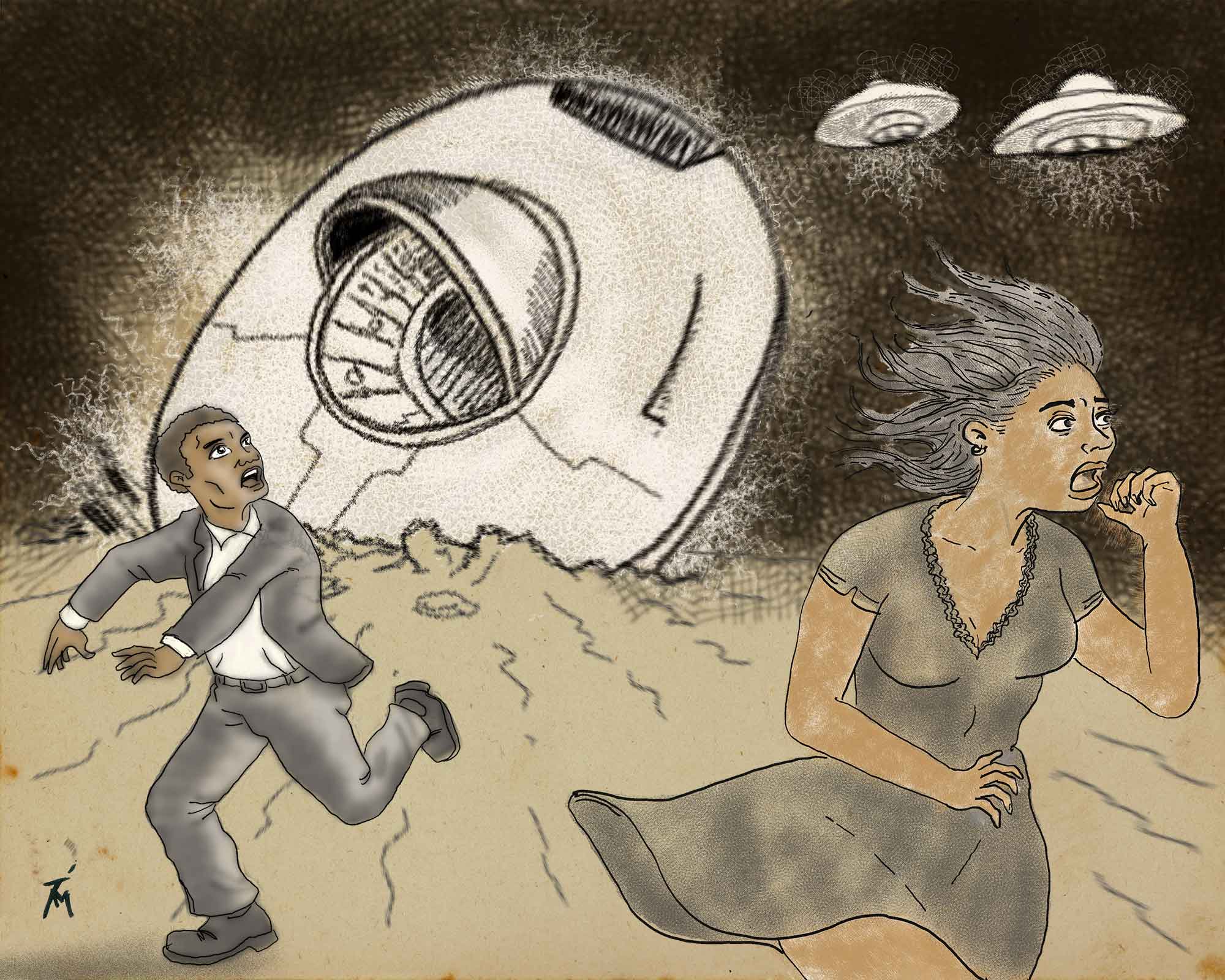 Illustration of a man and woman running away from UFOs.