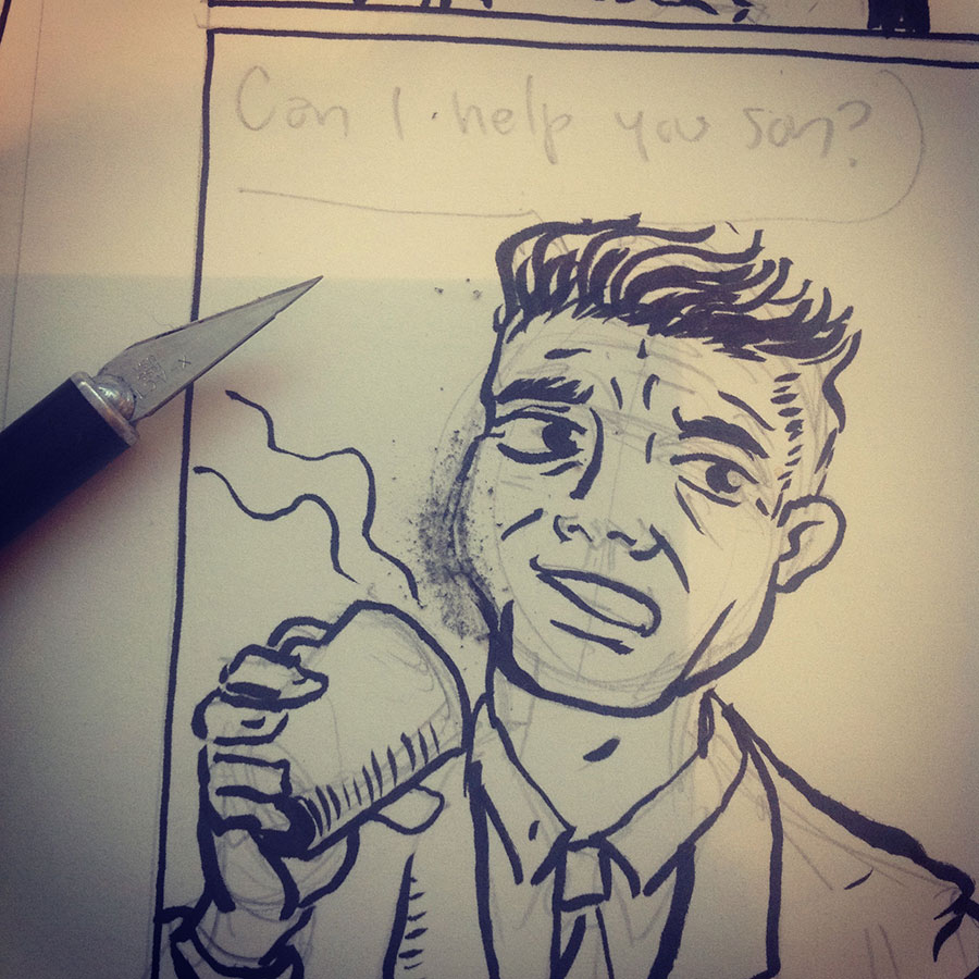 When you mess up on the inks, an easy way to fix the line is to lightly scrape off the ink with an X-Acto knife.