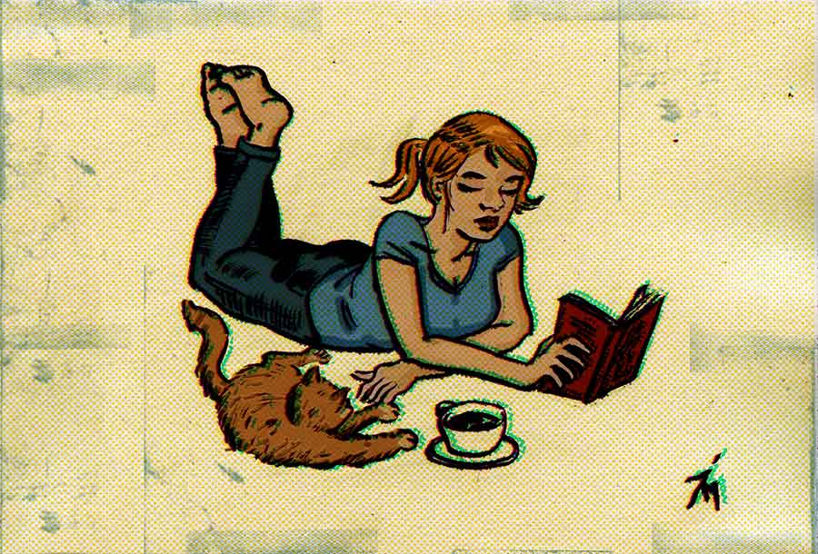 Illustration of woman and cat laying on the floor reading.