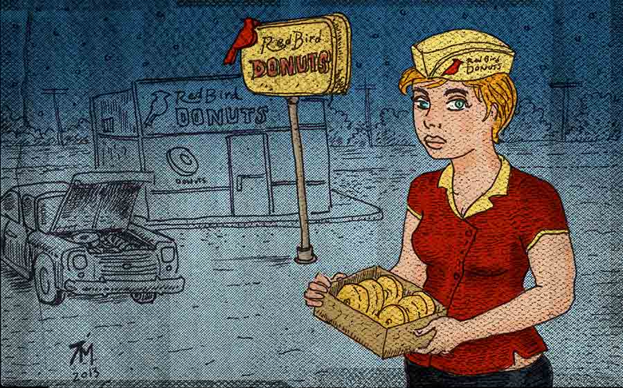 Illustration of a woman holding a box of donuts.