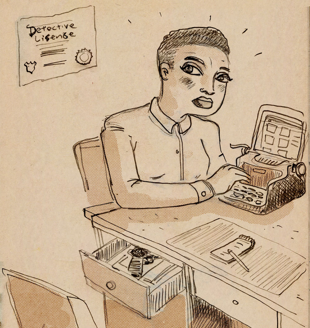 illustration titled: Background Check. A woman sitting at a desk near a device that looks like a typewriter and a tablet computer.