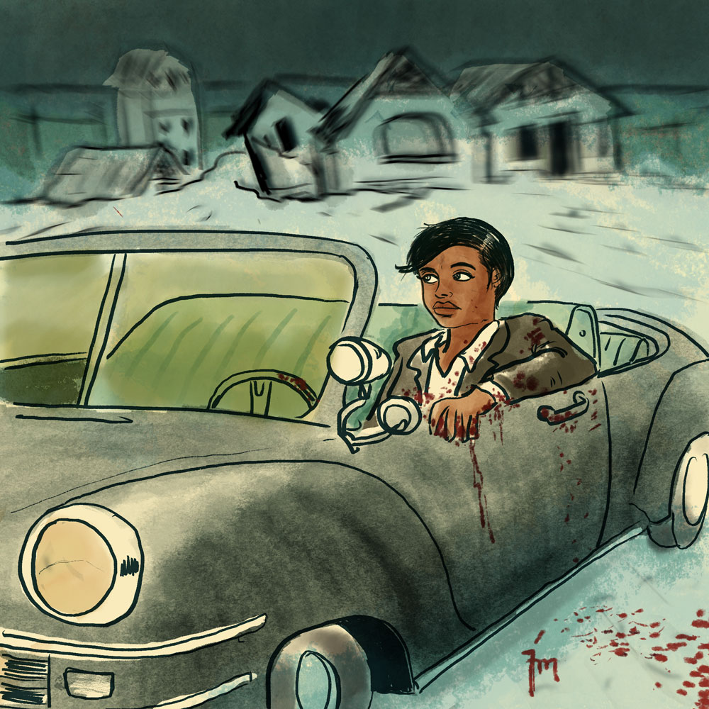 illustration titled: The Abondoned Mine. A woman sitting in a vintage convertable car with blood on her at an old mine in the background.