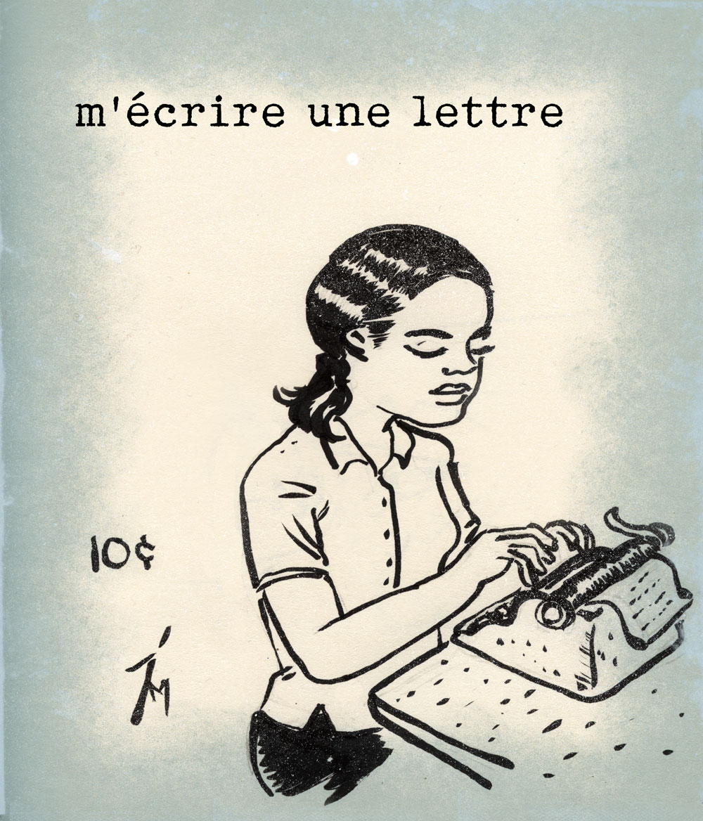 illustration titled: Writing a Letter to Myself. A woman sitting in front of a typewriter.
