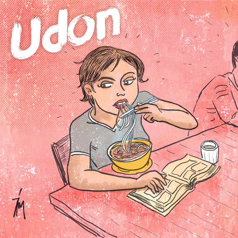 image of woman eating udon soup.