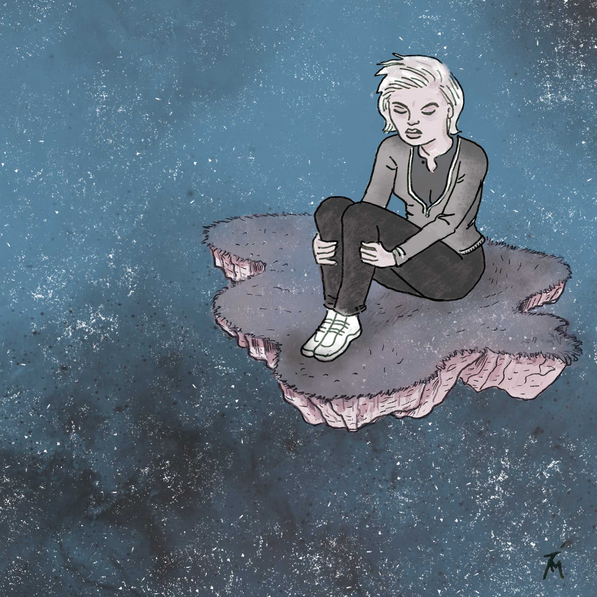Woman sitting on a rock in space.