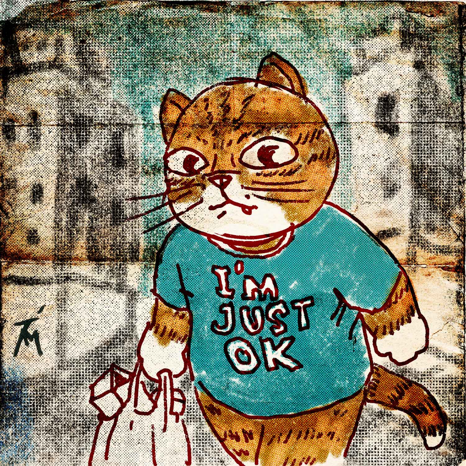 Cat walking around the city with a T-shirt that says I'm just OK