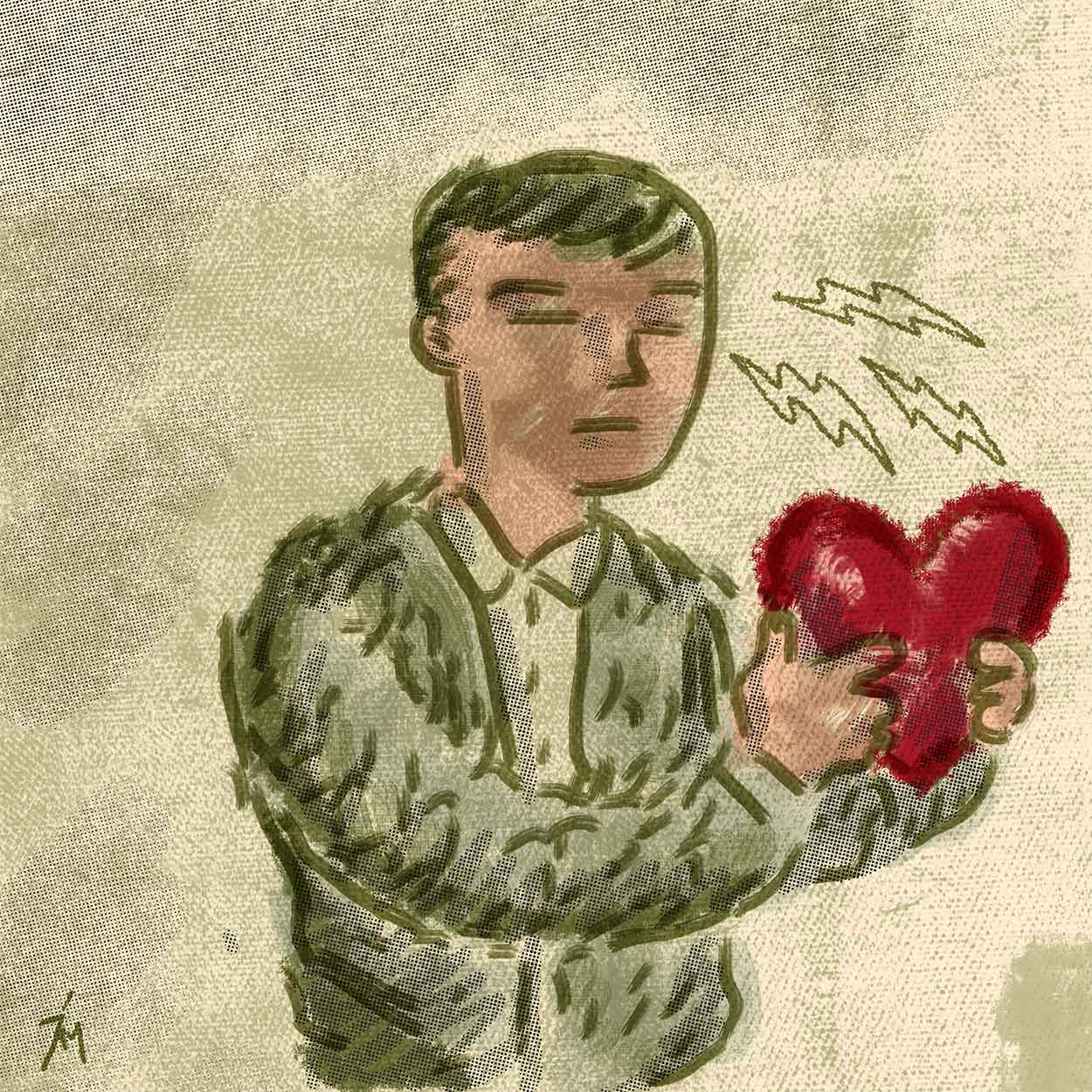 man holding heart and mentally sending message.