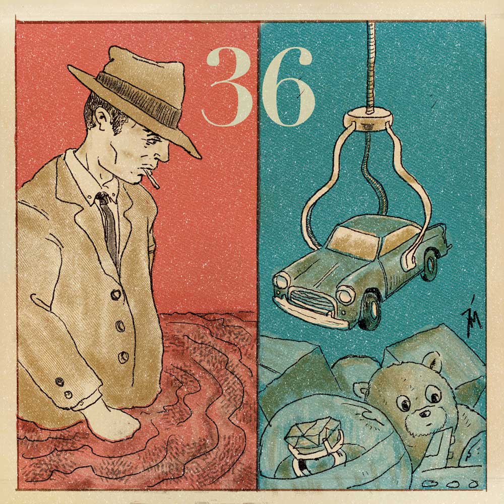 Illustration of a man sinking and a novelty machine grabbing a toy car.