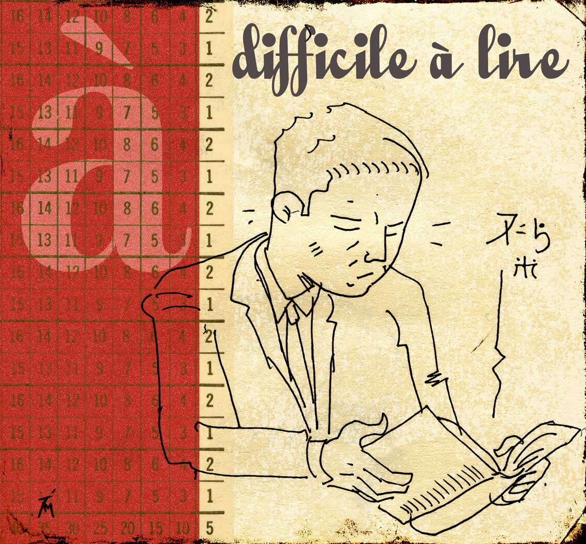 Illustration of a man trying to read a foreign language.