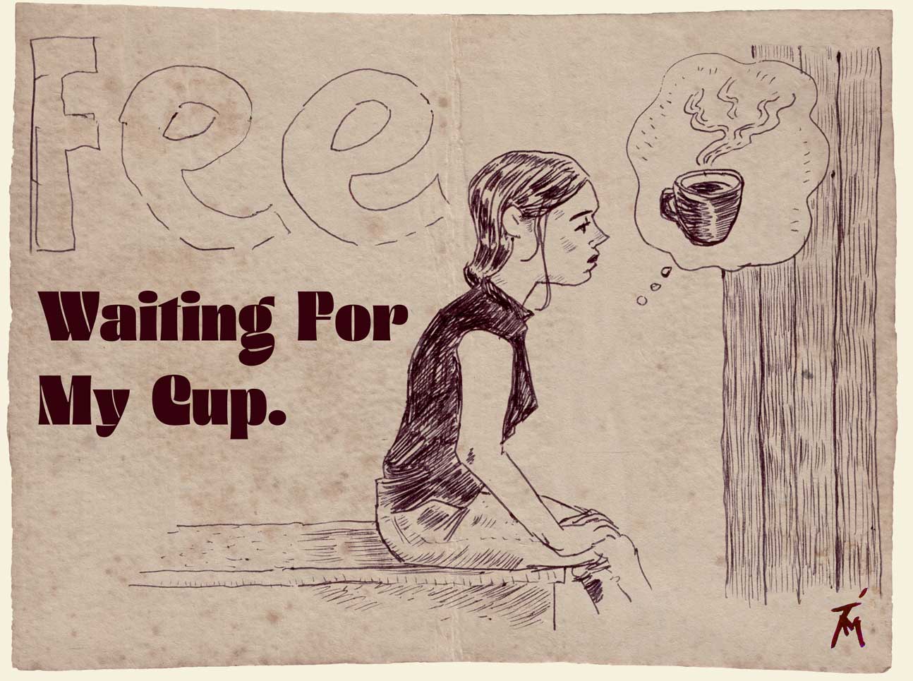 Illustration of woman sitting down at a coffee shop and thinking of coffee.