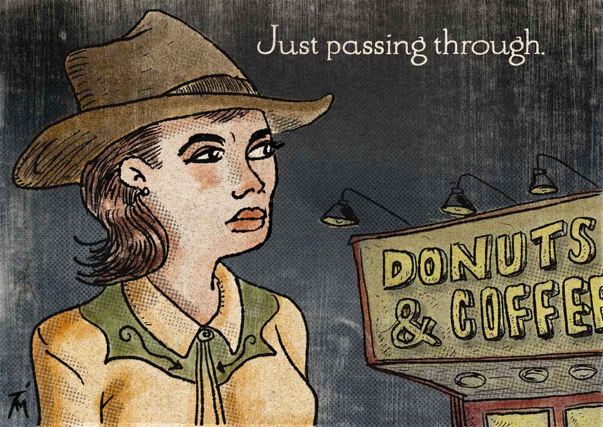 Illustration of cowgirl walking by a donut shop.