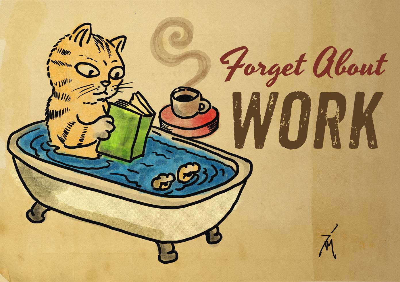 Cat reading a book while taking a bath