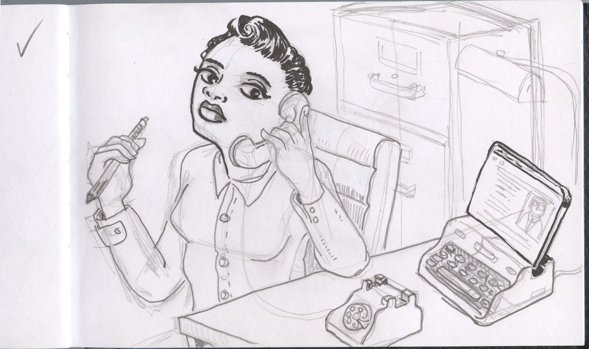 Original pencil sketch for a female detective drawing.