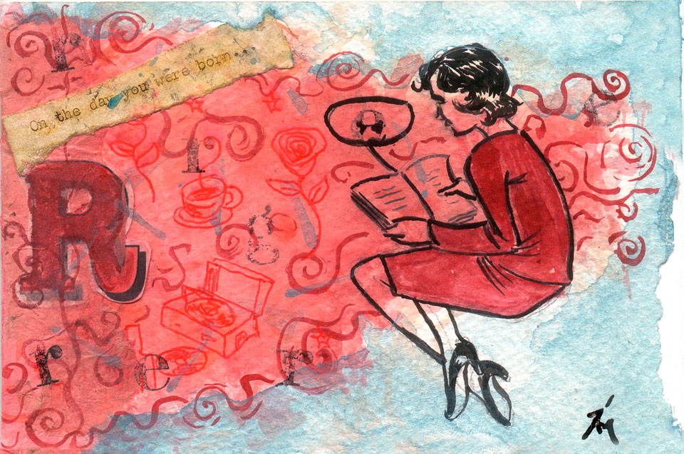 Image a woman reading and a collage of various items.