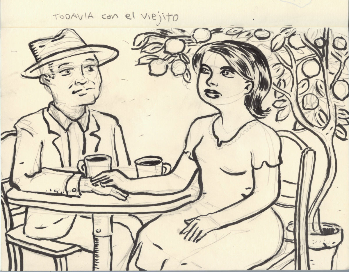 Original sketchbook image a woman sitting down with coffee remembering a person.