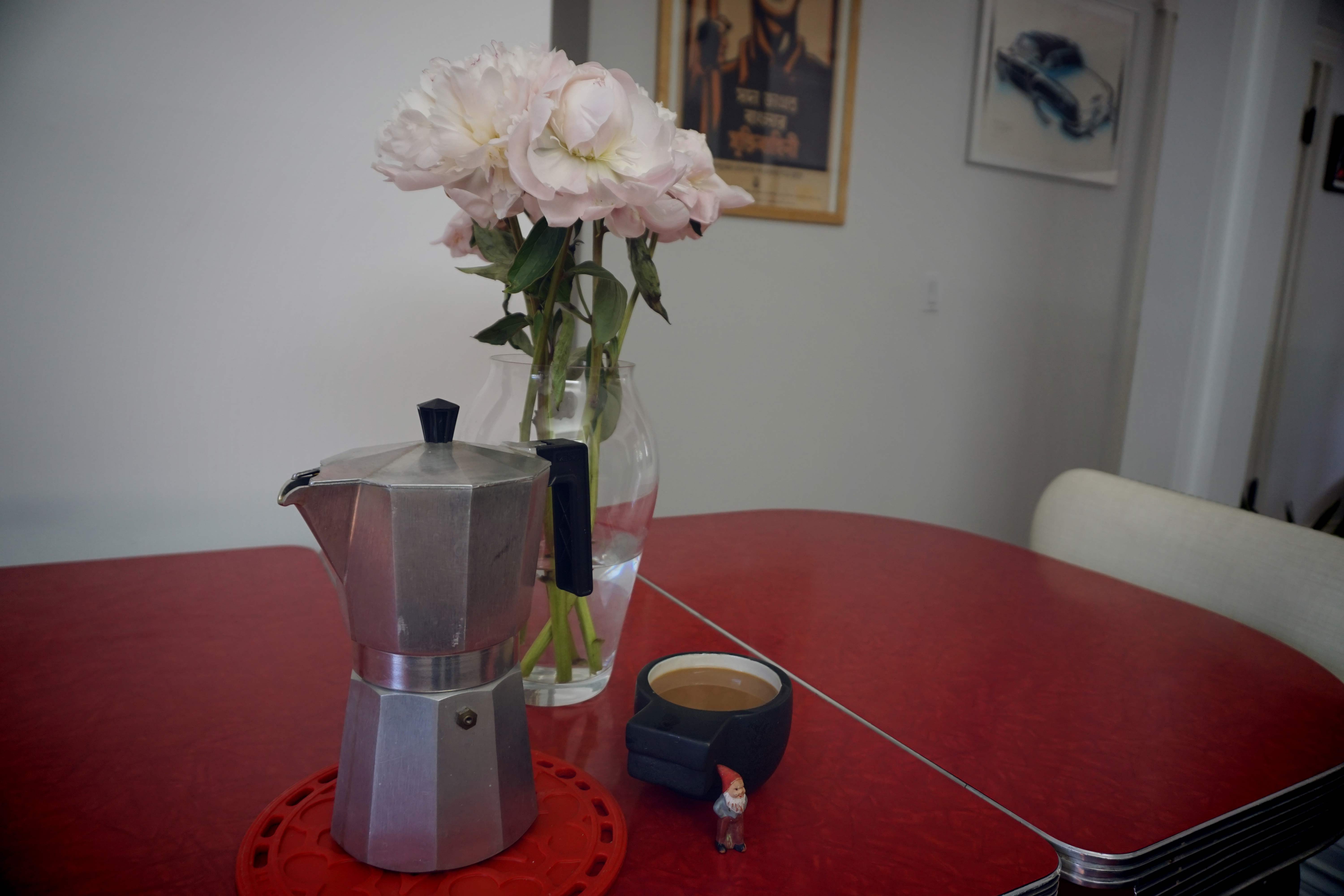 Photo of a coffee maker and some flowers. A small gnome is in the photo.
