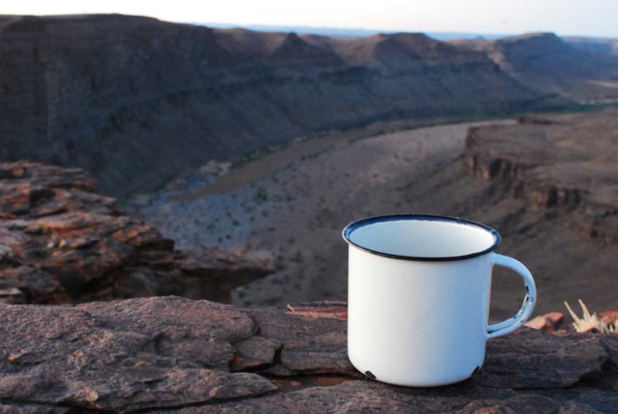 Photo of coffee cup at Fish River Canyon, Namibia.