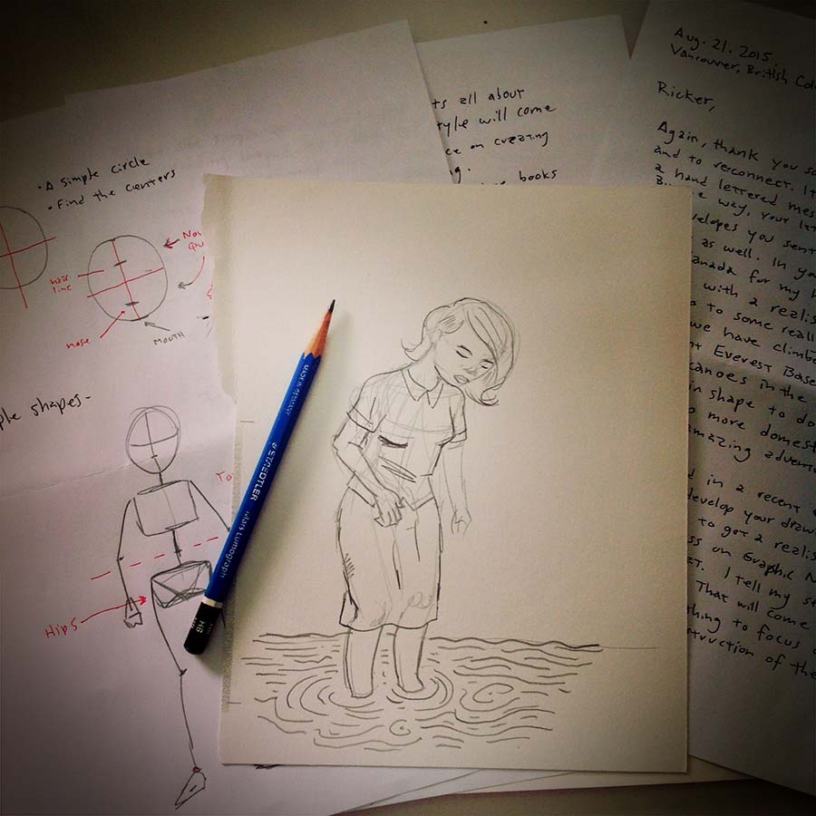 photo of my reply to a letter and a hand drawn sketch coloured with coffee.