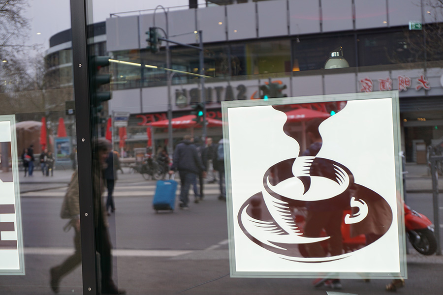 Photo of a coffee cup image on glass. Berlin, Germany